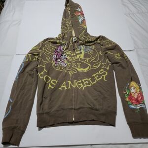 Ed Hardy Brown Graphic Hoodie Jacket